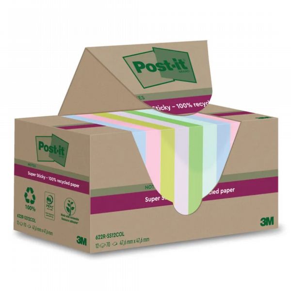Post-it Super Sticky Recycle 47.6x47.6 Assorted (Pack of 12) 622RSS12COL